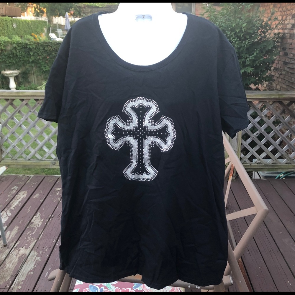 Black Gildan Ladies cut T with Rhinestone design